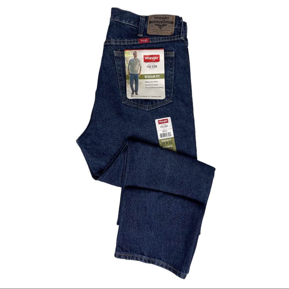 NWT Wrangler Men’s Five Star Premium Regular Fit Dark Denim Color Jeans 36x32